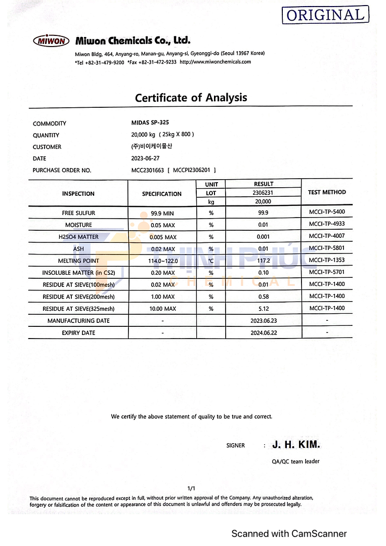 COA lưu huỳnh bột Midas